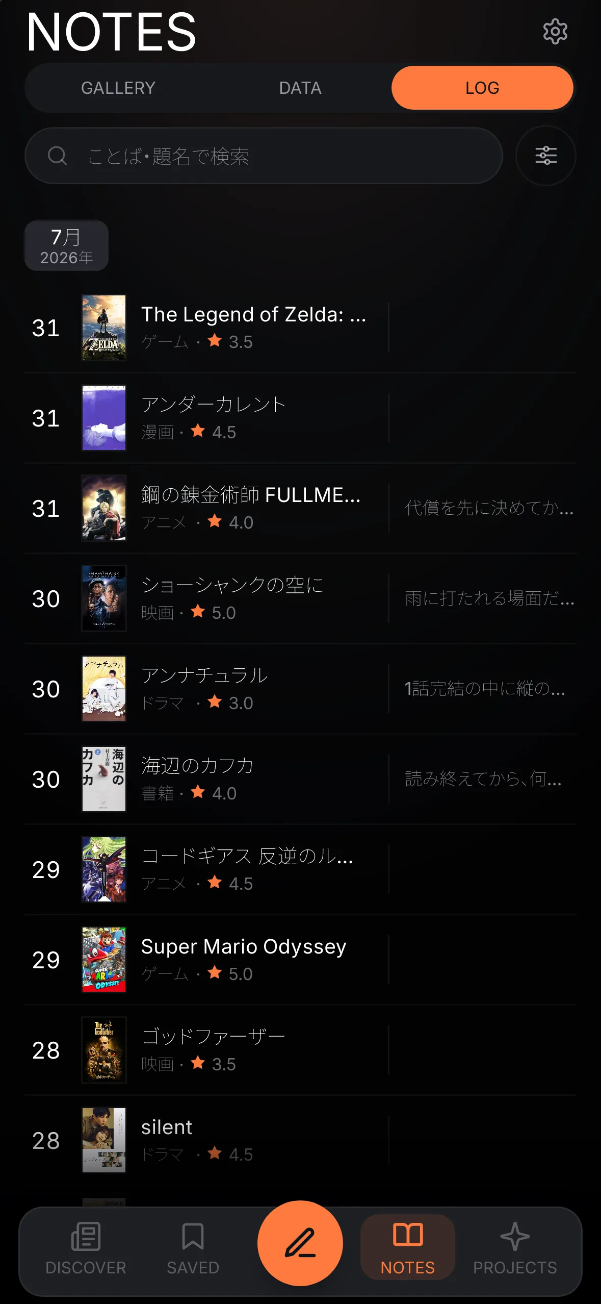 LOG 画面。日付ごとの記録の一覧
